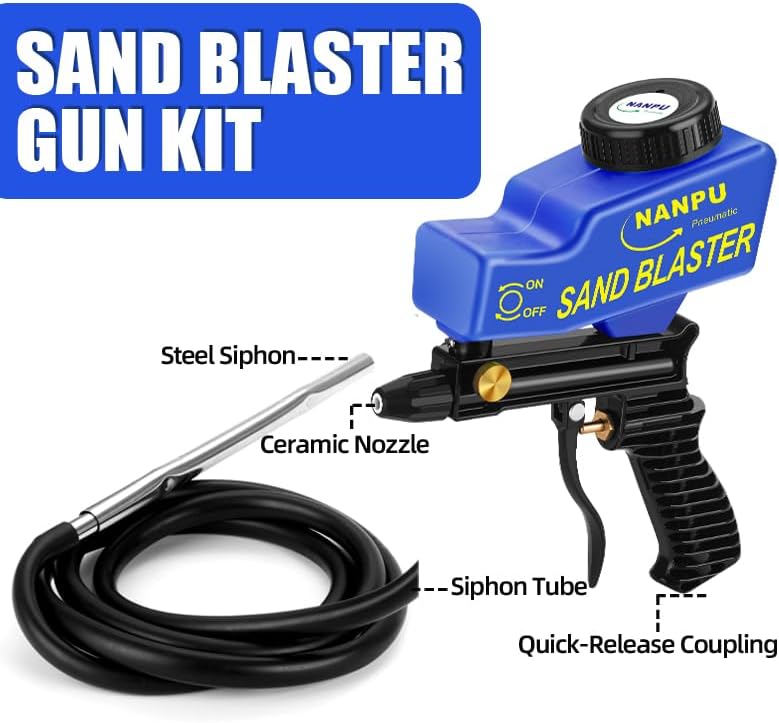 NANPU Light-Duty Air Sandblaster Gun Kit with Siphon & Gravity Feed, Ceramic Nozzle, Metal Body, for Small Project Surface Prep, Paint & Rust Removal, Metal/Wood/Glass Etching, Requires Air Compressor - Image 2